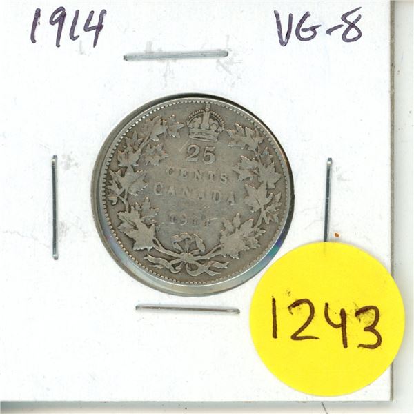 1914 Canadian Silver 25 Cents. Issued during the first year of World War I. VG-8.