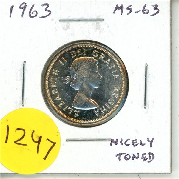 1963 Canadian Silver 25 Cents. MS-63. Nicely Toned.