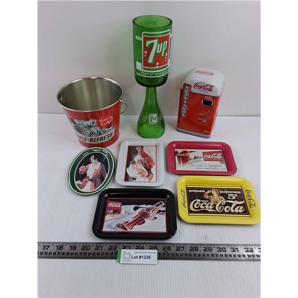 Coca-Cola Memorabilia Lot (Ice Bucket, Custom 7UP Vase 12" Tall, Vending Machine Tin, Small Vintage 