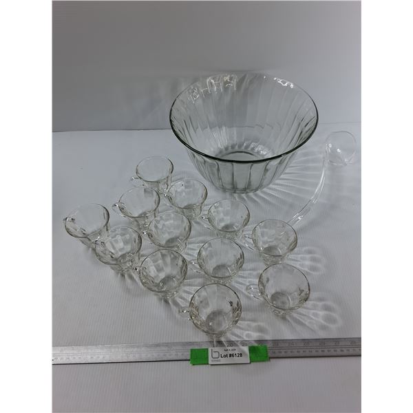 Glass Punch Bowl w/Spoon & (12) Cups