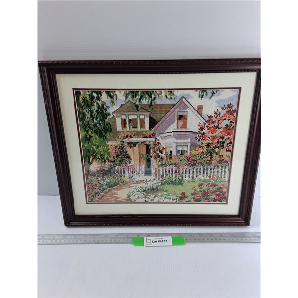 Framed Cross-stiched Picture Of House- 18.5" x 15.5"