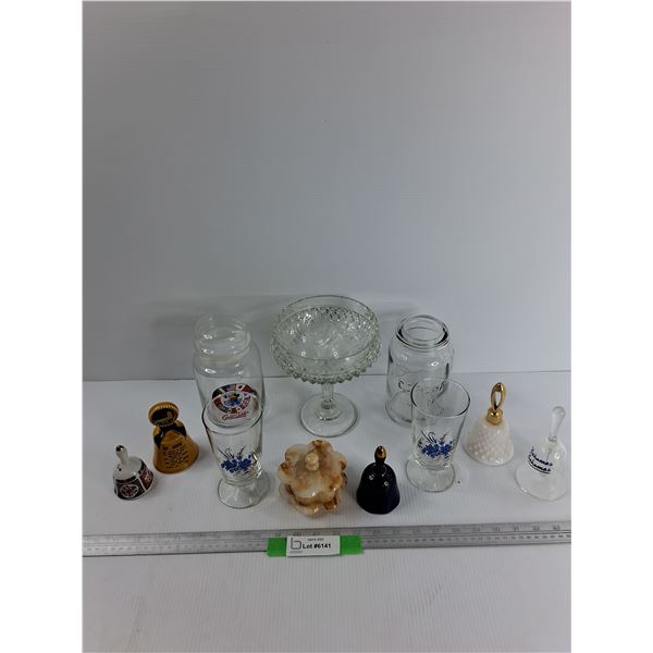 Lot Of Various Glassware/ Ornaments, Jars, Bells, Misc