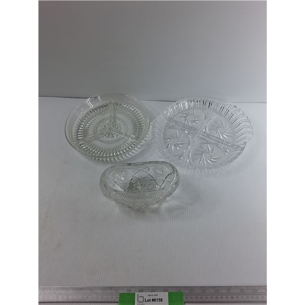 (3) Crystal Dishes, (2) Trays & (1) Candy Dish