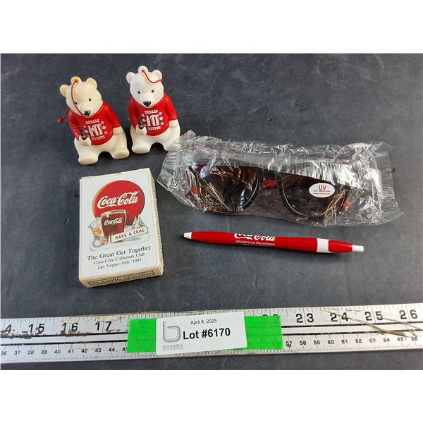 New Coca Cola Gift Items - Bears, Sunglasses, Whitehorse Pen and 1993 Plastic Coated Playing Cards