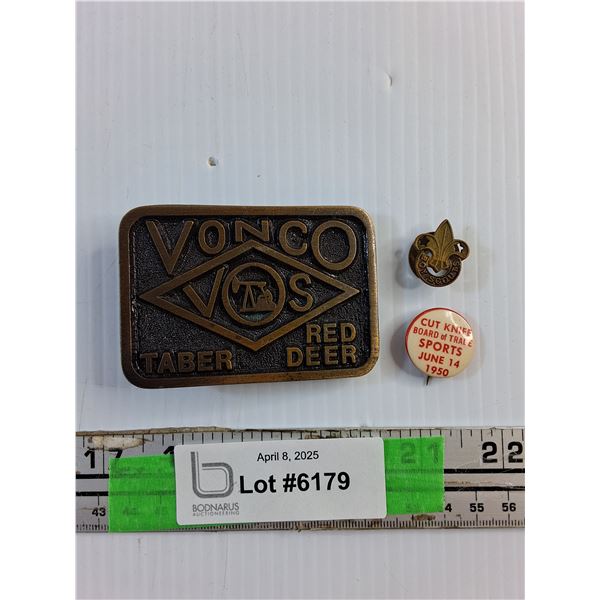 Lot of Canadiana - Cut Knife Pin, Vonco Belt Buckle and Boy Scout Pin