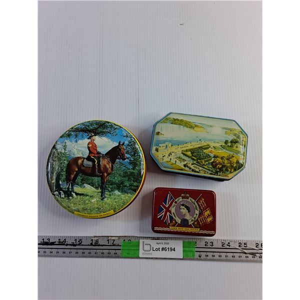 Lot of 3 Vintage Canadian Theme Tins - RCMP, Niagara Falls and Oxo Montreal