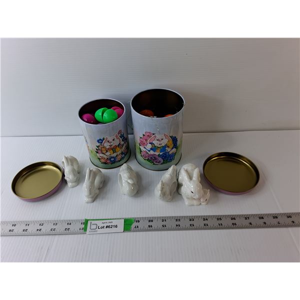 (2) Easter Tins, Plastic Eggs & Ceramic Animal Figurines
