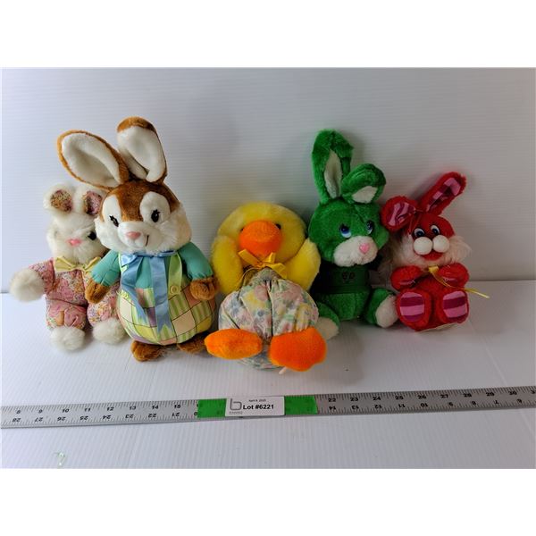 (5) Animal Stuffies -Bunnies, Duck Up to 11.5" Tall