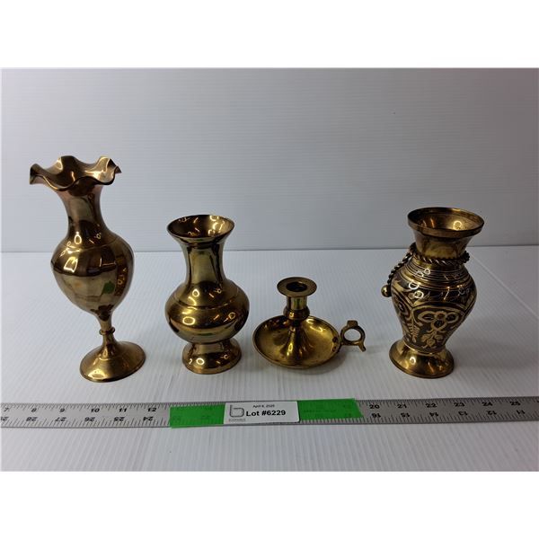 Brass Candleholder & (3) Vases Up to 8" Tall