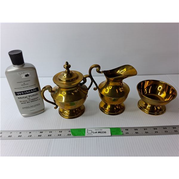 (3) Piece Brass Lot- Creamer, Misc. & Polish