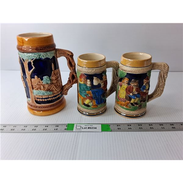 (3) Ceramic Beer Steins Up to 8" Tall