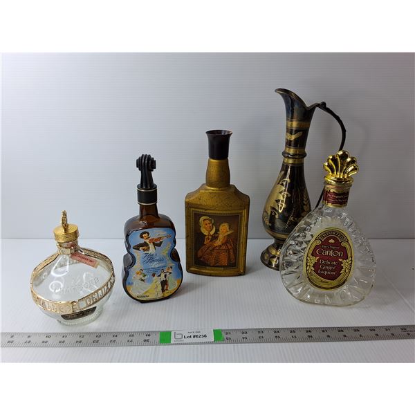 Brass Plated Engraved Pitcher, (4) Liquor Bottles/Decanters