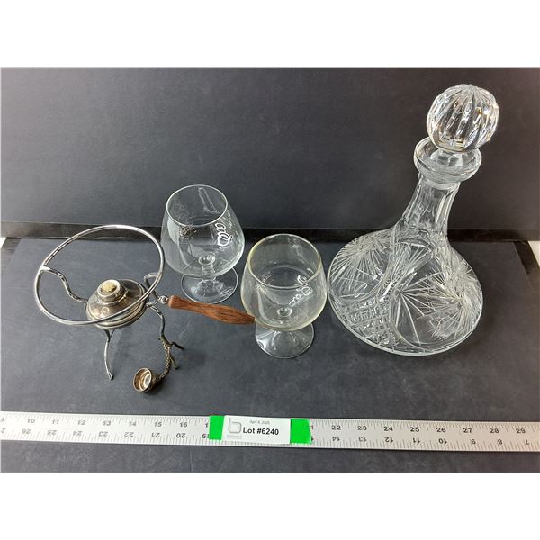 Kerosene Chafing Dish Base, Decanter 10.5" Tall, (2) Wine Glasses