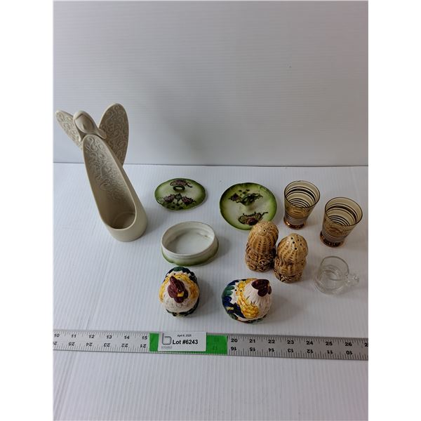 Ceramic Angel Tealight Holder, (2) Sets of Salt & Pepper Shakers, (3) Shot Glasses, Misc.