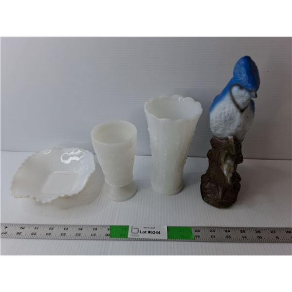 BlueJay Ornament 11" Tall, (2) Glass Vases & Tray