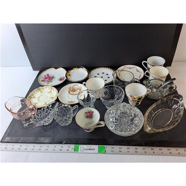 Dishes Lot- Teacups & Plates, Glass Trinket Dish, Misc.