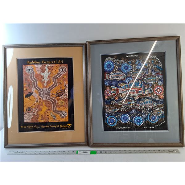 (2) Aboriginal Australian Framed Art Pieces- "Barramundi" & "Water Hole Dreaming"