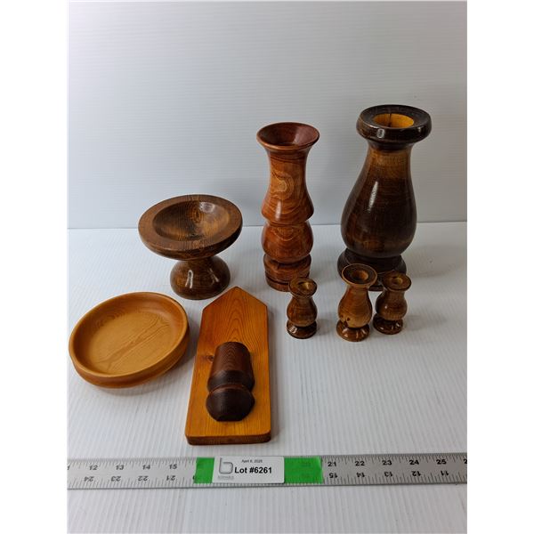 Wood Decoration Lot- Candleholders, Vases, Misc.