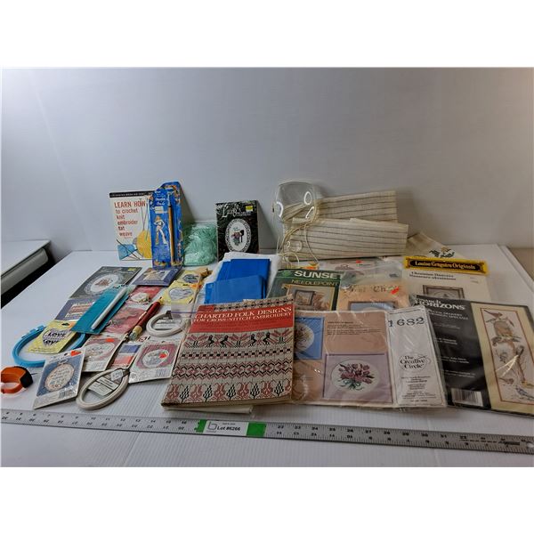 Sewing/ Crocheting/Cross Stitch Lot- Books, Magnifying Glass, Needles, Misc.