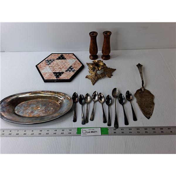 Chinese Checker Board, (2) Wood Candleholders, Copper/Silver Plated Tray & Spoons, Misc.
