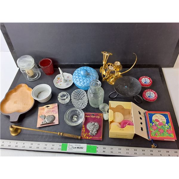 Household Lot- (3) Scented Candles, Candle Adhesives, Candle Snuffer, Misc.
