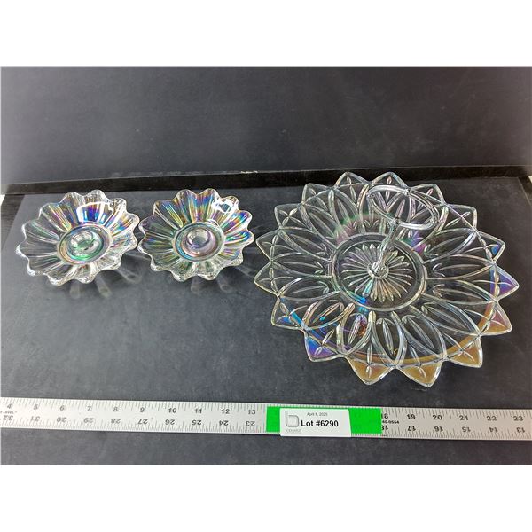 Irridescent Glass Tray 11.25" & (2) Candleholders