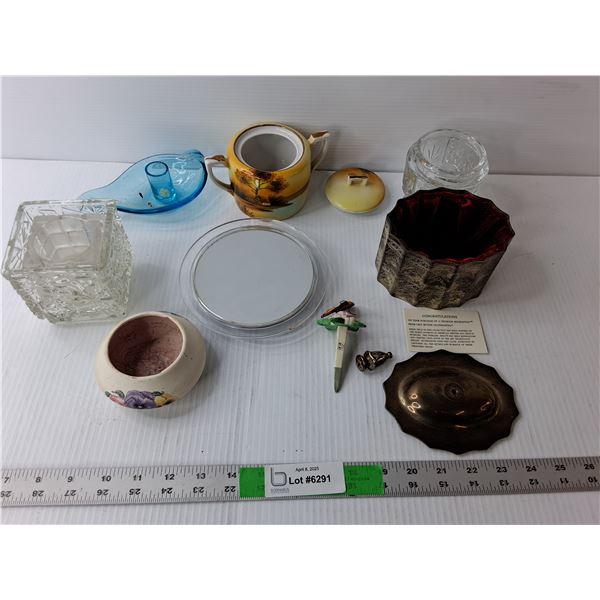 (3) Candleholders, Silver Plated & Ceramic Storage Containers, Misc.