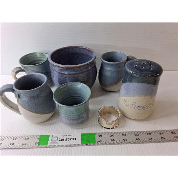 (7) Piece Stoneware Set- Mugs, Napkin Ring, Parmesan Cheese Shaker, Misc.