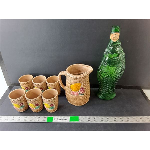 Ceramic Pitcher & (6) Cups, Glass Fish Bottle 13" Tall