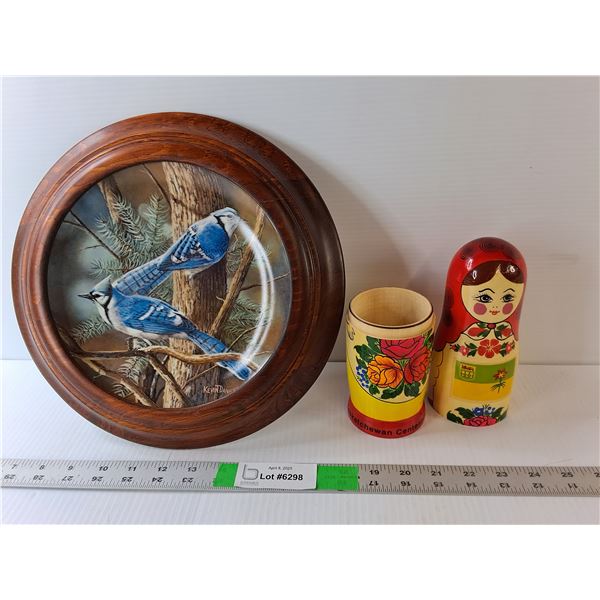 BlueJay Painted Plate 11.5", Ukrainian Storage Doll 11" Tall