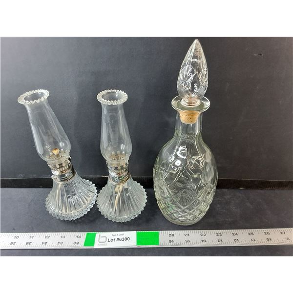 (2) Glass Kerosene Lamps & Glass Decanter 11.5" Tall