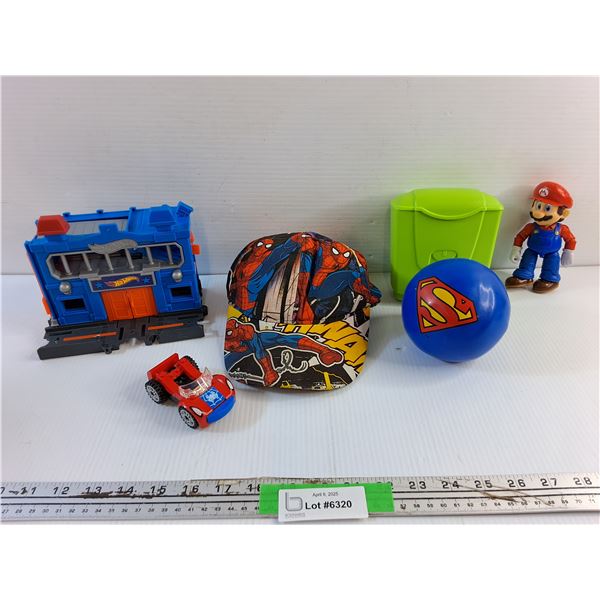 Hot Wheels Toy, Spider Man Hat, Mario Figurine, Super Man Ball and Misc