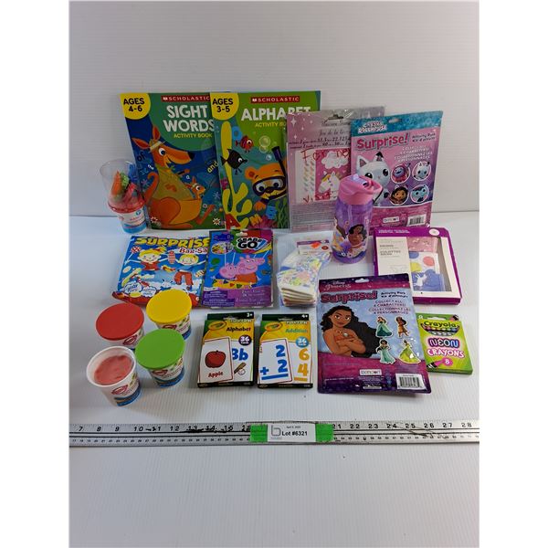 Modeling Dough, Activity Books, Water Bottle, Toddler's Socks and Bikini, Crayons and Misc