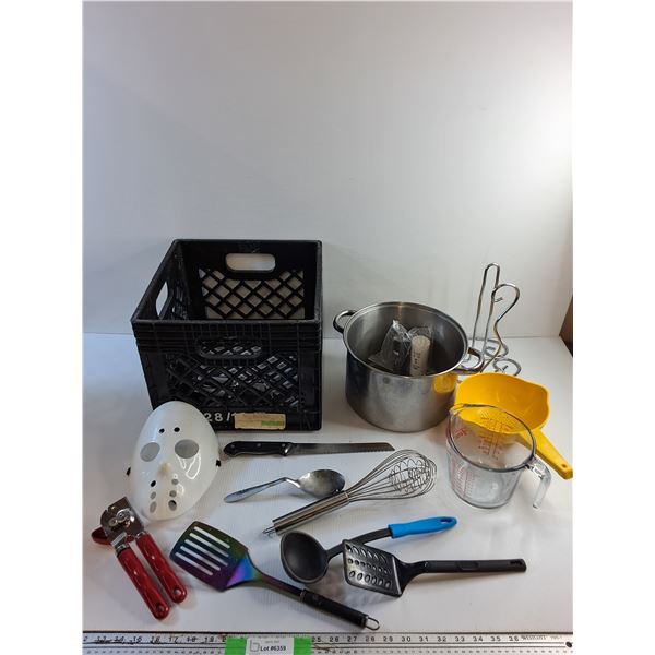 Bread Knife, Halloween Mask, Whisky, Spatulas, Ladle, Cooking Pot, Milk Crate and Misc