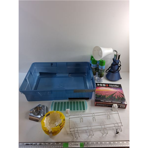 Ash Tray, 300 pc Puzzle, Air Fresheners, Desk Lamp, Plastic Container, Ice Mold and Misc