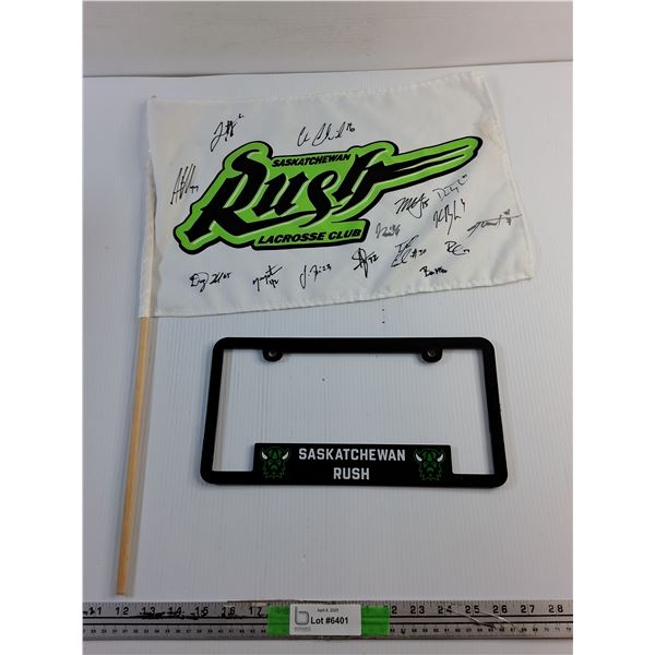 Authographed Saskatchewan Lacrosse Club Flag and Saskatchewan Rush Licence Plate Frame