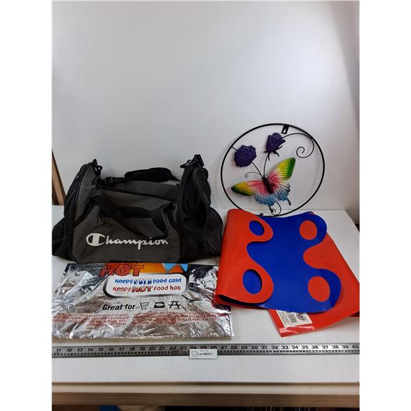 Champion Gym Bag, Thermal Bag, 2 Crazy Carpets, Metal Butterfly Wall Art 15" Dia