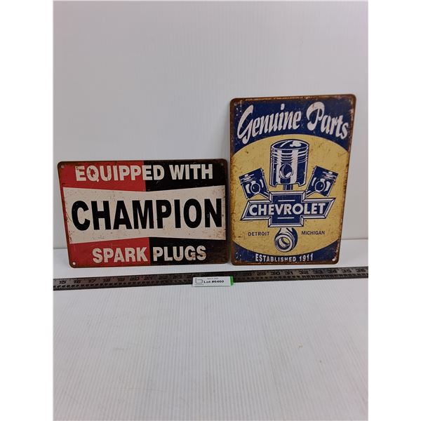 (2) Vintage Look Metal Wall Art (Champion Spark Plugs & Chevrolet Genuine Parts) 8" x 12"