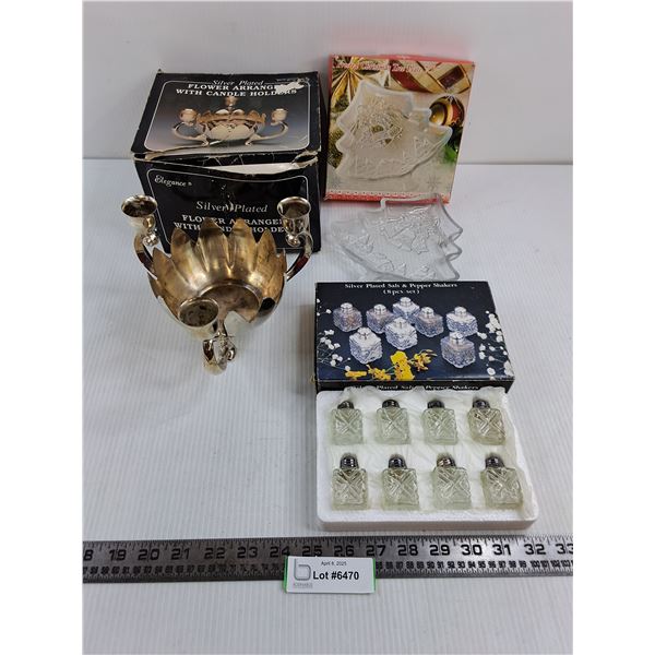 Silver Plated Flower Arrangement with Candle Holders, Frosted Glass Christmas Tree 7.5" Platter, Sil