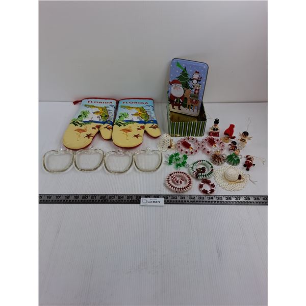 "Florida" Oven Mitts, Set of 4 Apple Dishes, Christmas Tin with Trinkets