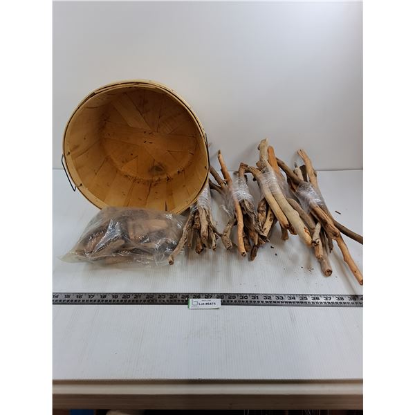 Wood Basket (15" Dia x 10") Tall with Bundles of Drift Wood