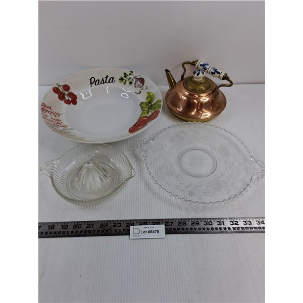 Stokes Pasta Bowl 12" Dia, Glass Platter, Citrus Juicer, Copper Kettle