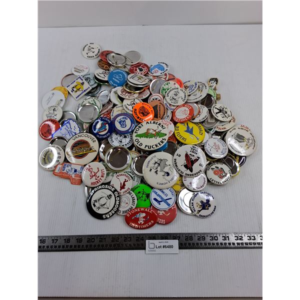 (80+) Assorted Shirt Pin Badges (Mostly Old-Time Hockey)