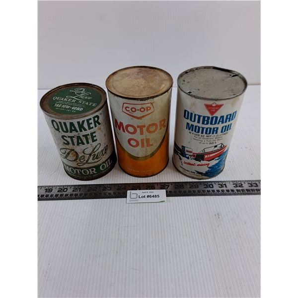 (3) Vintage Vehicle Oil Tins (Co-op Full, Quaker State & Canadian Tire 1/2 Full)