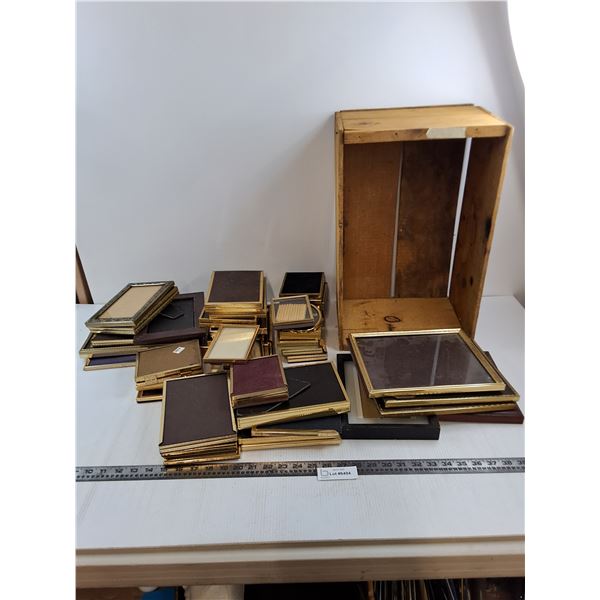 Assorted Picture Frames Lot (Mostly Brass - Largest 8" x 10") with Wooden Crate 19" x 12" x 9"