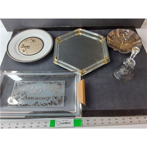 Copper Plated Tray, 25th Anniversary Plates Up to 13.5", Mirror, Bell