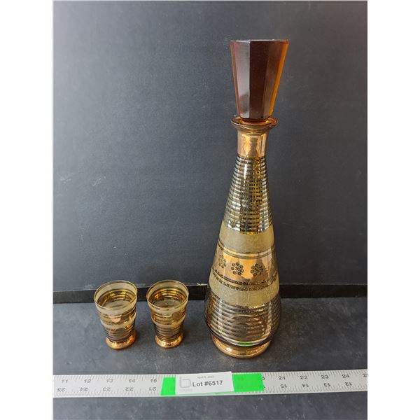 Amber Glass Decanter 14.25" Tall & (2) Shot Glasses