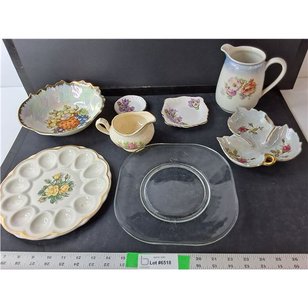 Ceramic/Glass/China Dish Lot- (3) Trays, Bowl, Pitcher, Misc.