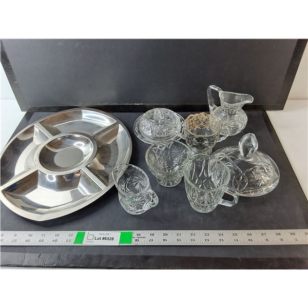 Metal Segmented Tray, Crystal/Glass Dishes- Creamers, Candy Bowl, Misc.
