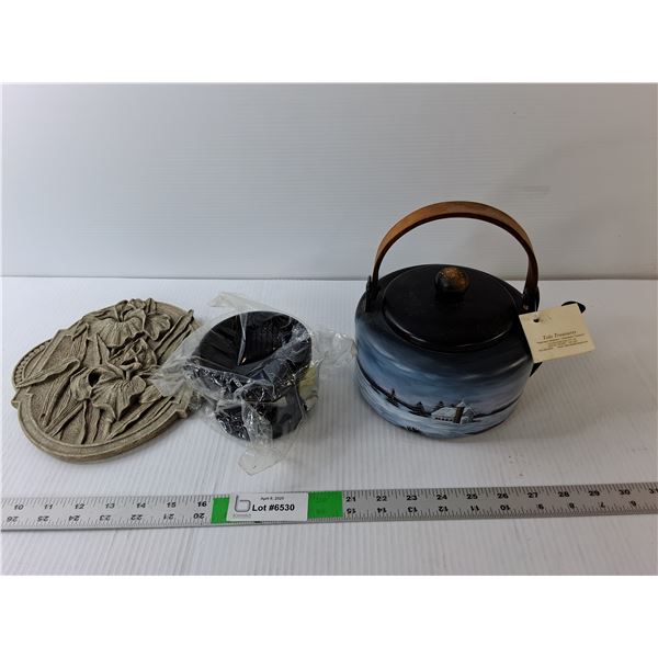 Painted Metal Teapot 8" Tall, 1 Cup Coffeemaker, Stoneware Floral Wall Decor